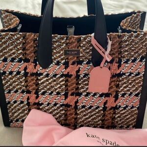kate spade Pink, Brown & Black Woven Tote with Leather Trim